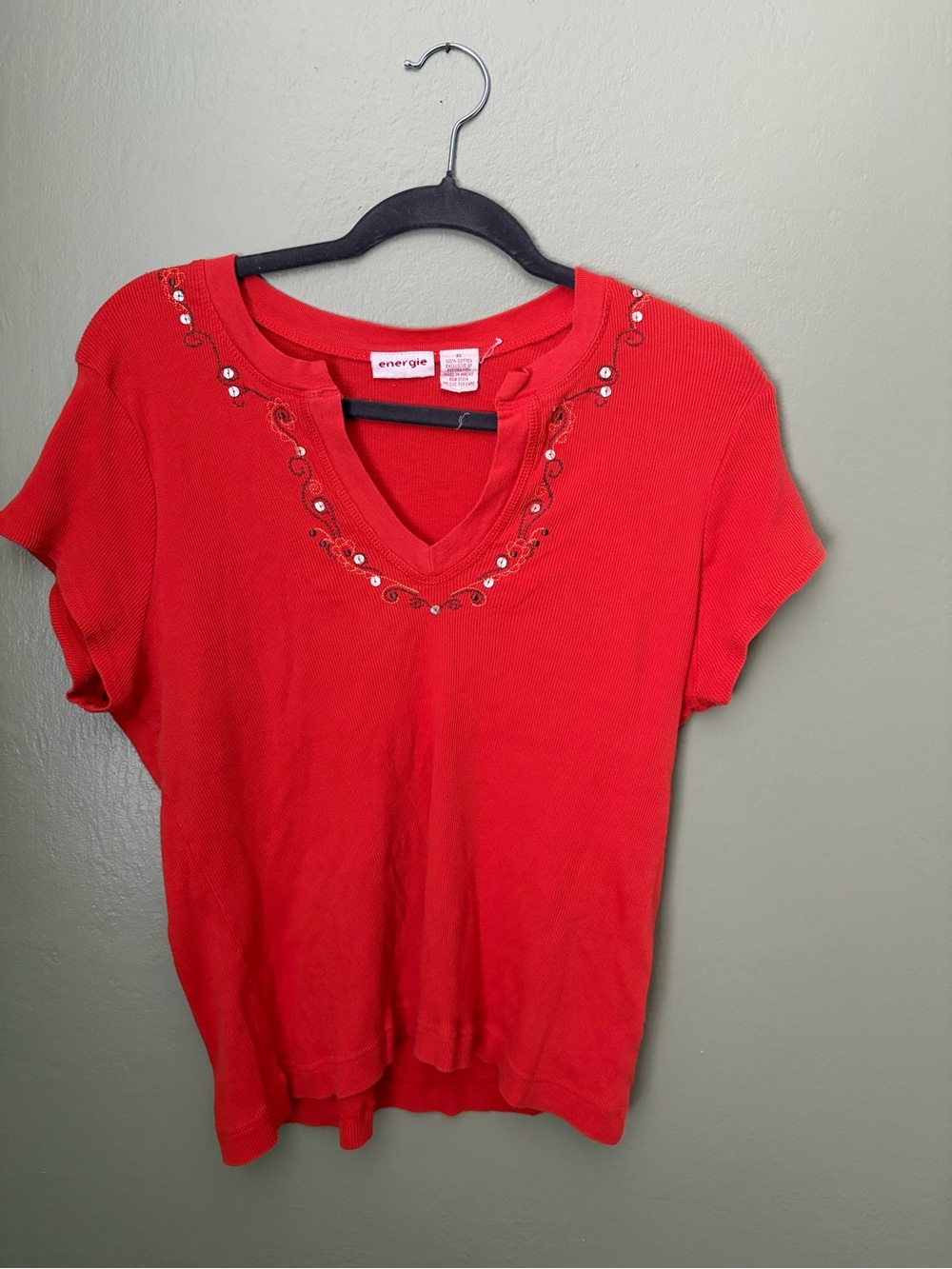 Vintage Y2K Energie Orange Embroidered Sequin Short Sleeve Shirt Women's 2X